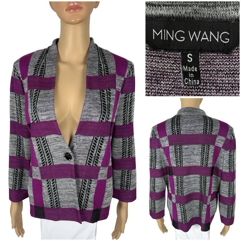 Ming Wang Womens Small Cardigan Sweater Purple Plaid Knit Jacket Acrylic EUC